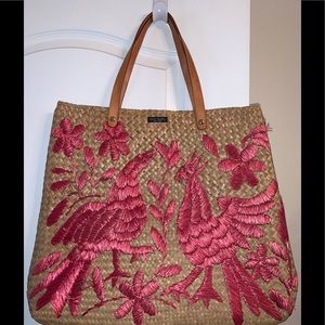 Kate Spade Straw Tote with Embroidered Peacocks